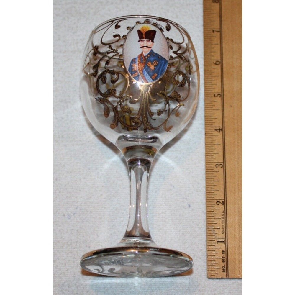 antique Naser al-Din Shah Qajar of Persia stemmed wine glass clear w/ gold trim - Picture 3 of 10
